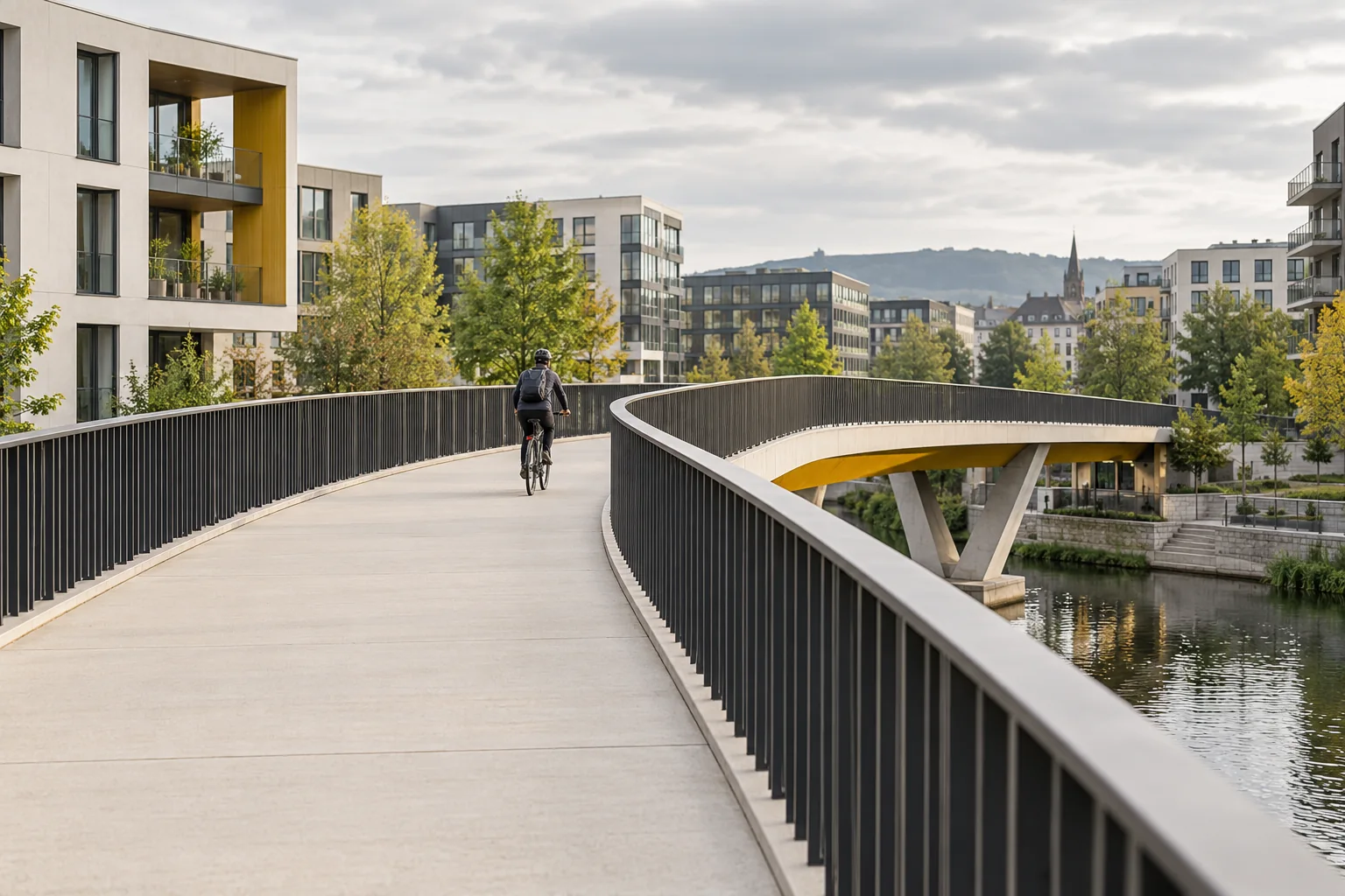 Konzeptmotiv urbaner Mobilität mit einer Fahrradbrücke und einer Person in der Ferne.