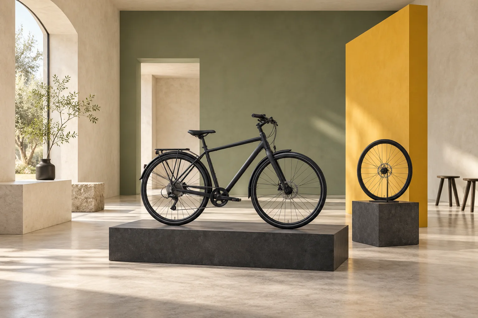 Fiktiver Präsentationsraum mit einem unbeschrifteten Fahrrad und Ausstellungsflächen.